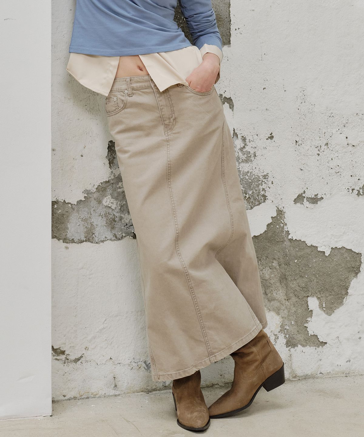 플랙 우먼(PLAC WOMEN) 커브드 맥시 데님 스커트_2colors