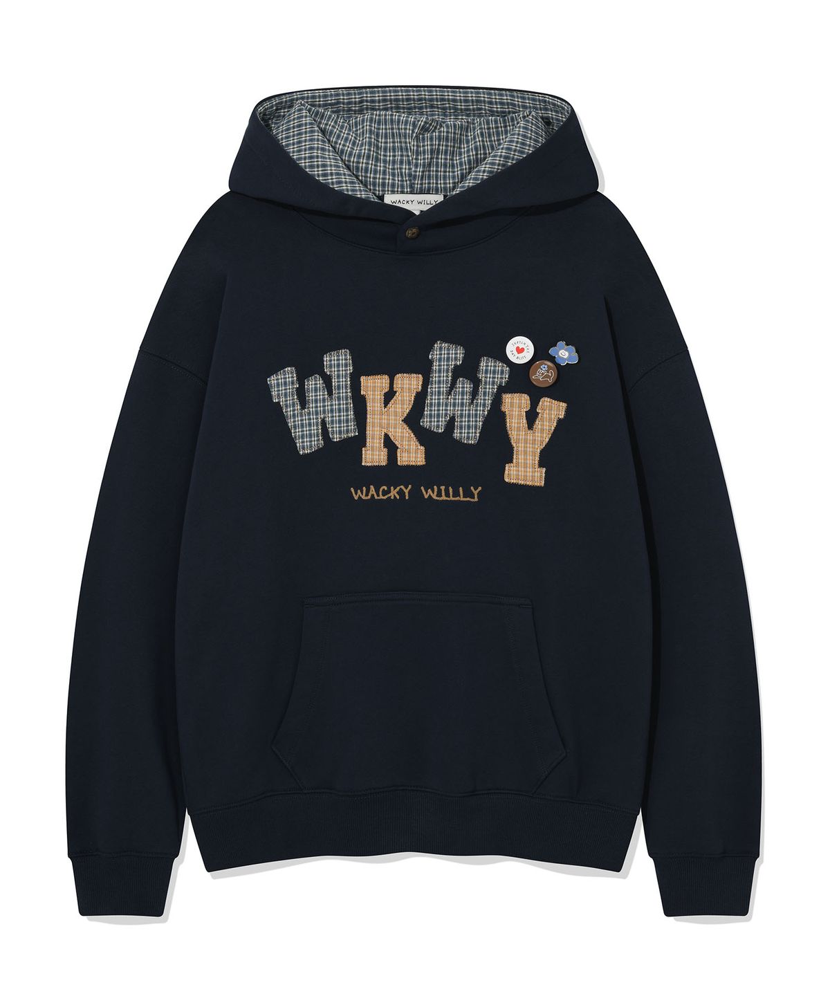 와키윌리(WACKY WILLY) 우먼스 체크 아플리케 오버핏 후디 네이비
