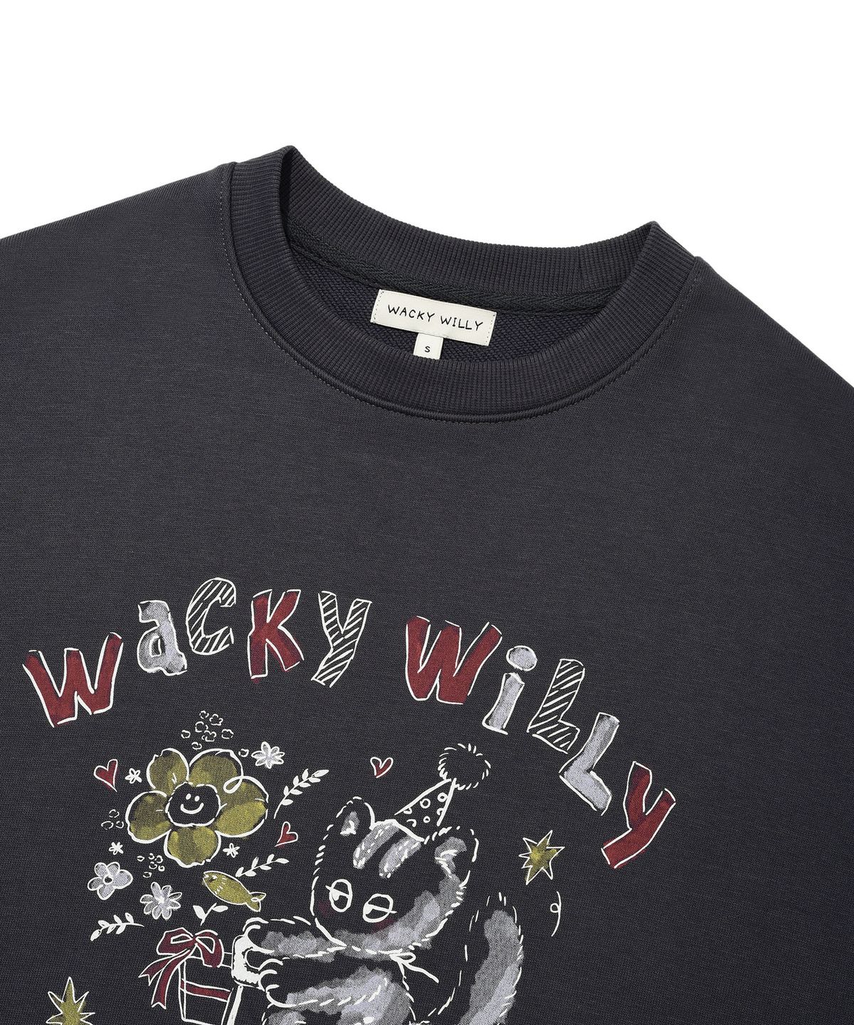 와키윌리(WACKY WILLY) 우먼스 빈티지 그래픽 세미오버핏 맨투맨 그레이