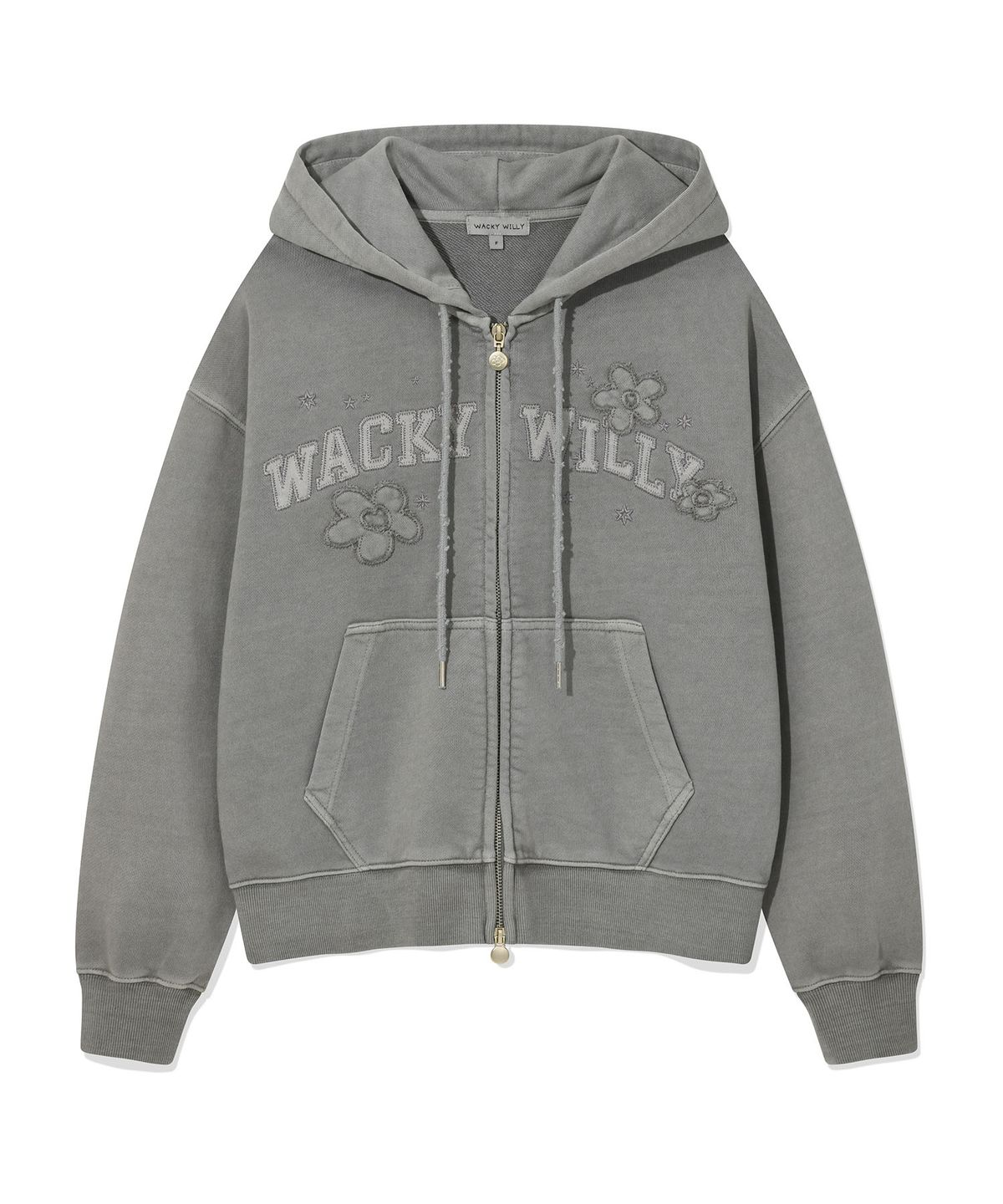 와키윌리(WACKY WILLY) 우먼스 피그먼트워싱 아플리케 후드집업 라이트그레이
