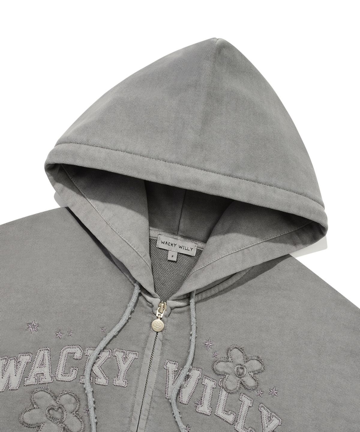 와키윌리(WACKY WILLY) 우먼스 피그먼트워싱 아플리케 후드집업 라이트그레이