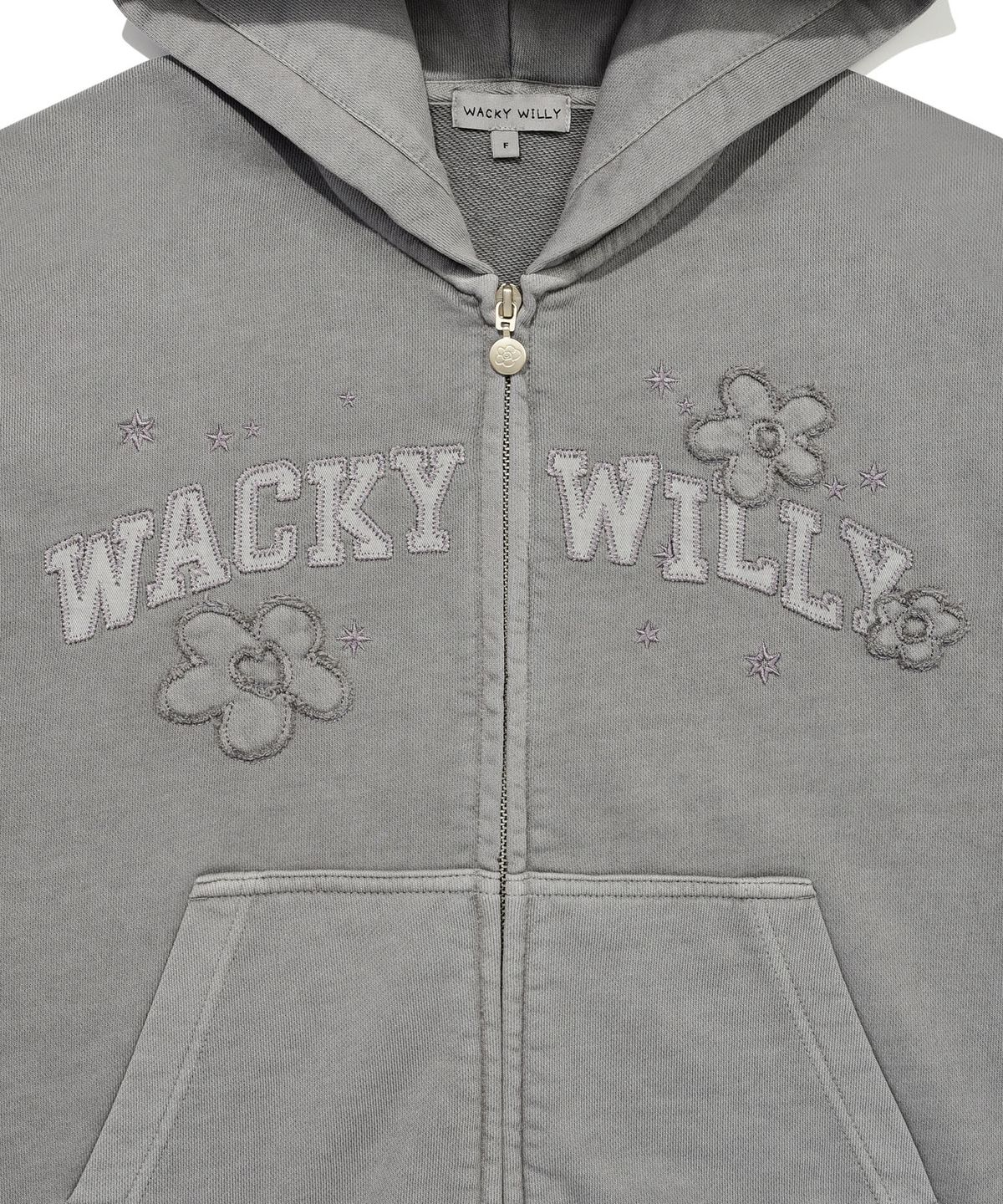 와키윌리(WACKY WILLY) 우먼스 피그먼트워싱 아플리케 후드집업 라이트그레이