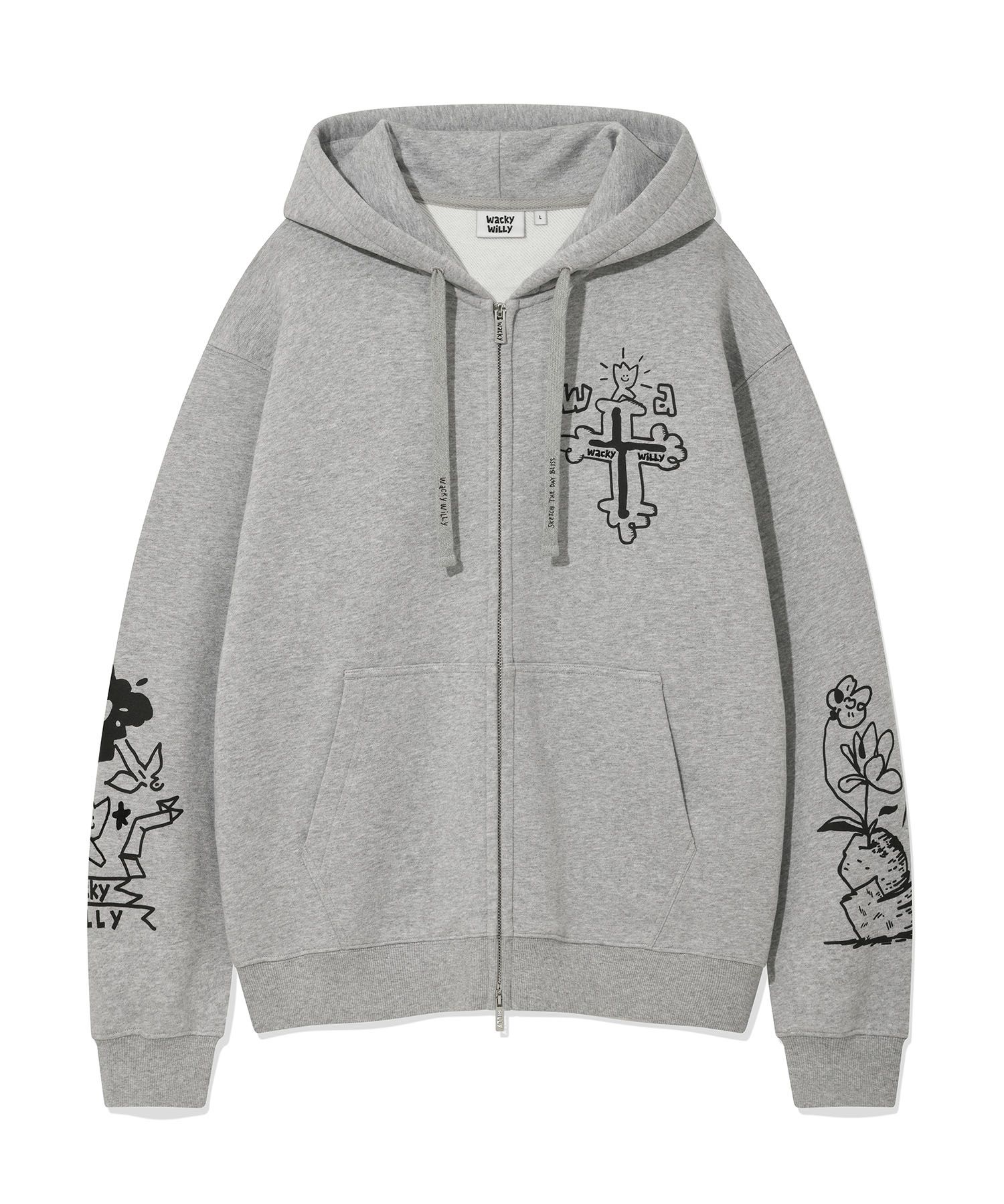 MUSINSA | WACKY WILLY Graffiti Graphic Hooded Zip-Up in Gray