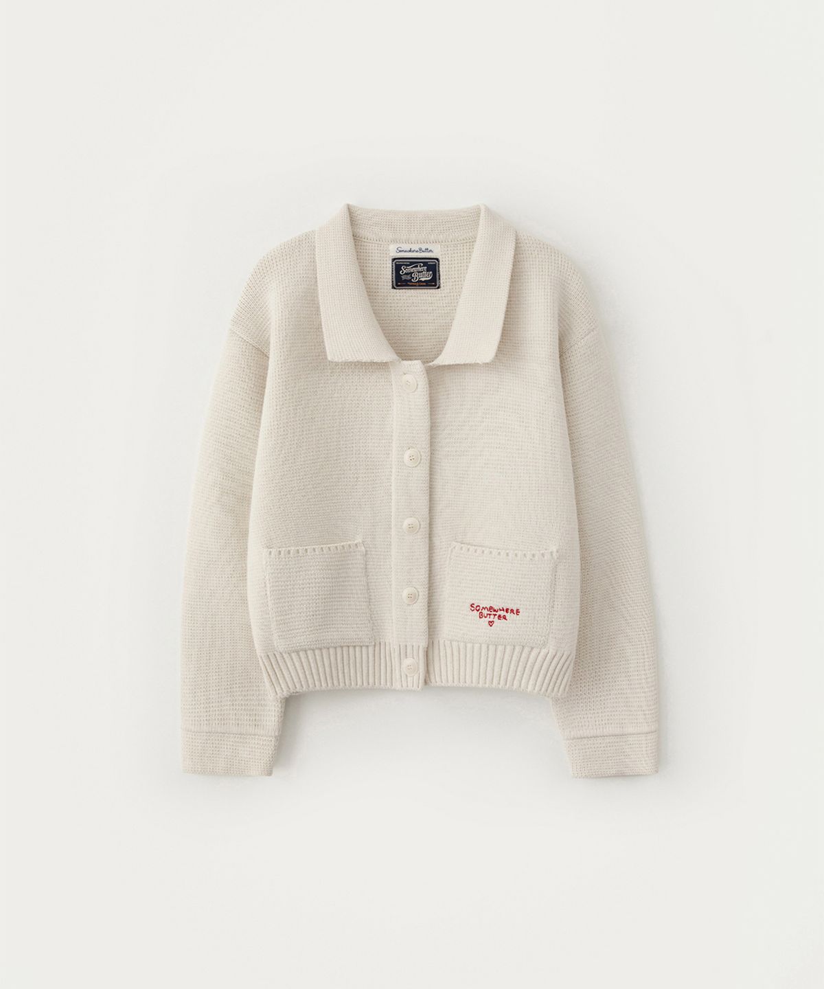 썸웨어버터(SOMEWHEREBUTTER) Stitch Logo Knit Wool Jacket - Ivory