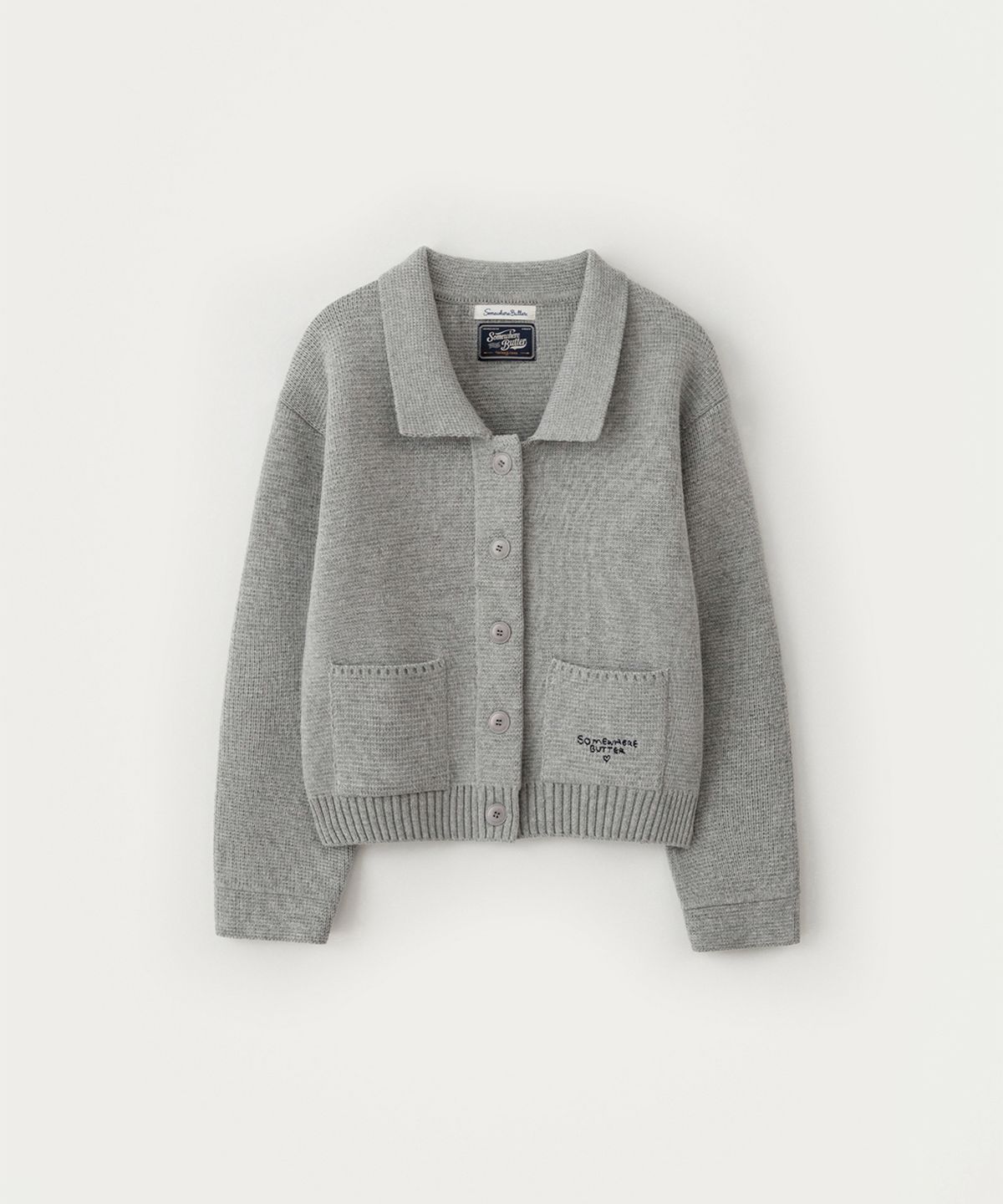 썸웨어버터(SOMEWHEREBUTTER) Stitch Logo Knit Wool Jacket - Grey