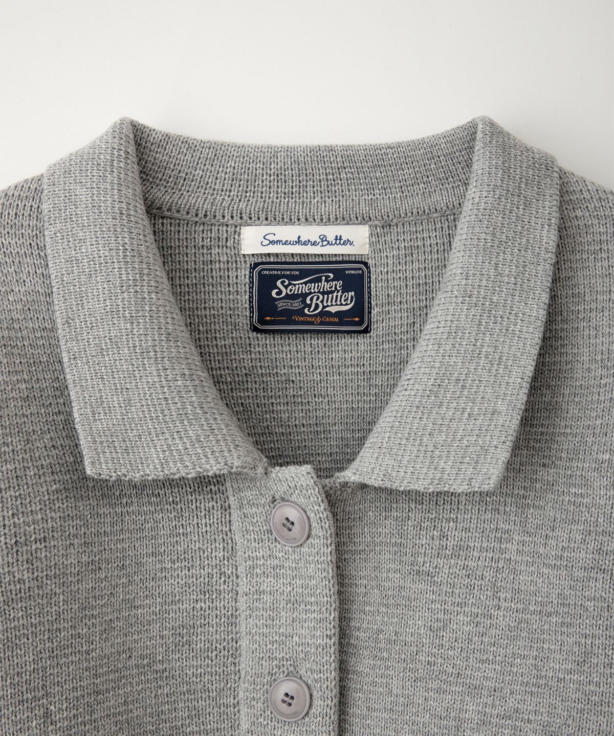 썸웨어버터(SOMEWHEREBUTTER) Stitch Logo Knit Wool Jacket - Grey