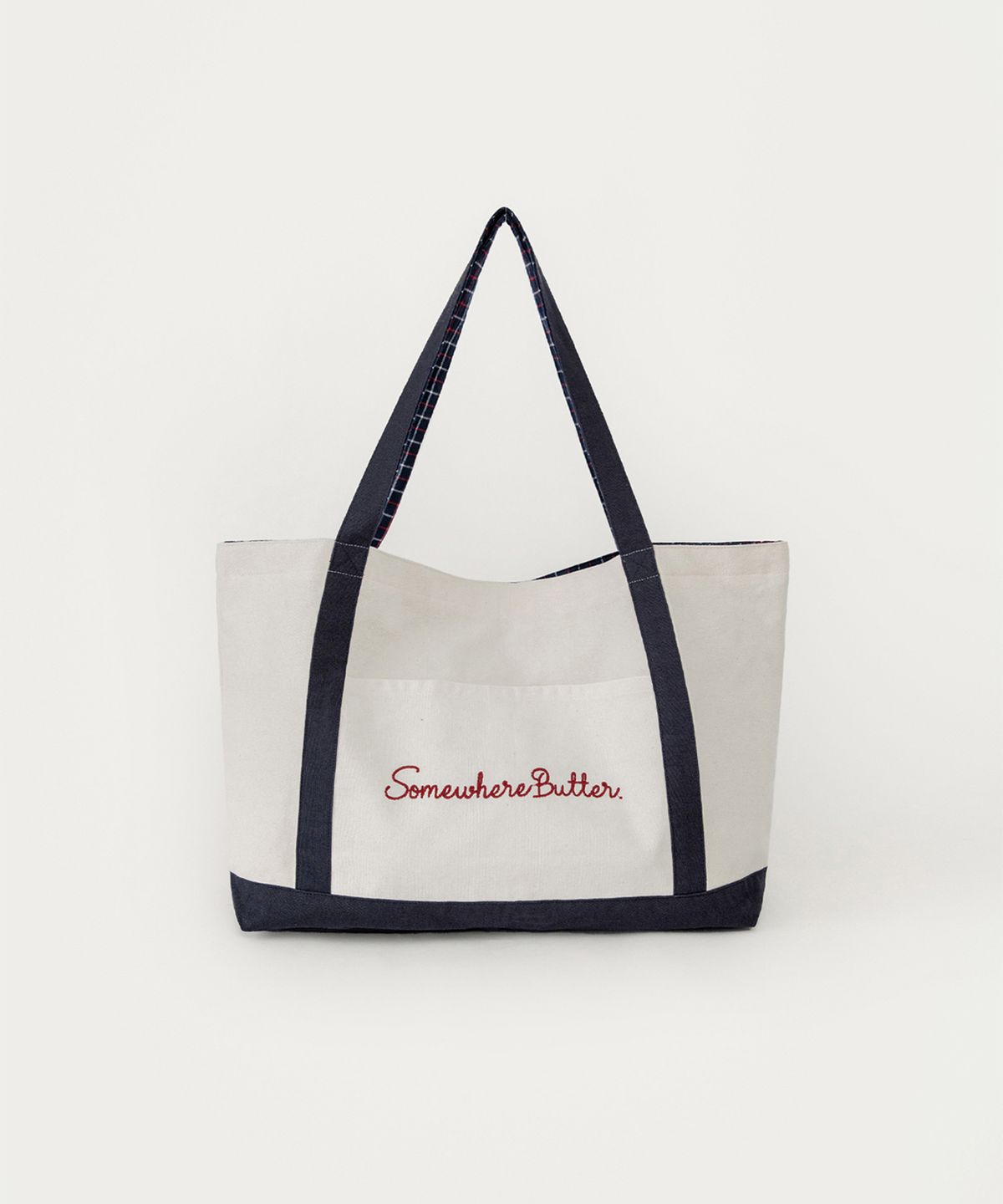 썸웨어버터(SOMEWHEREBUTTER) Check Letter Reversible Bag - Ivory(Navy)