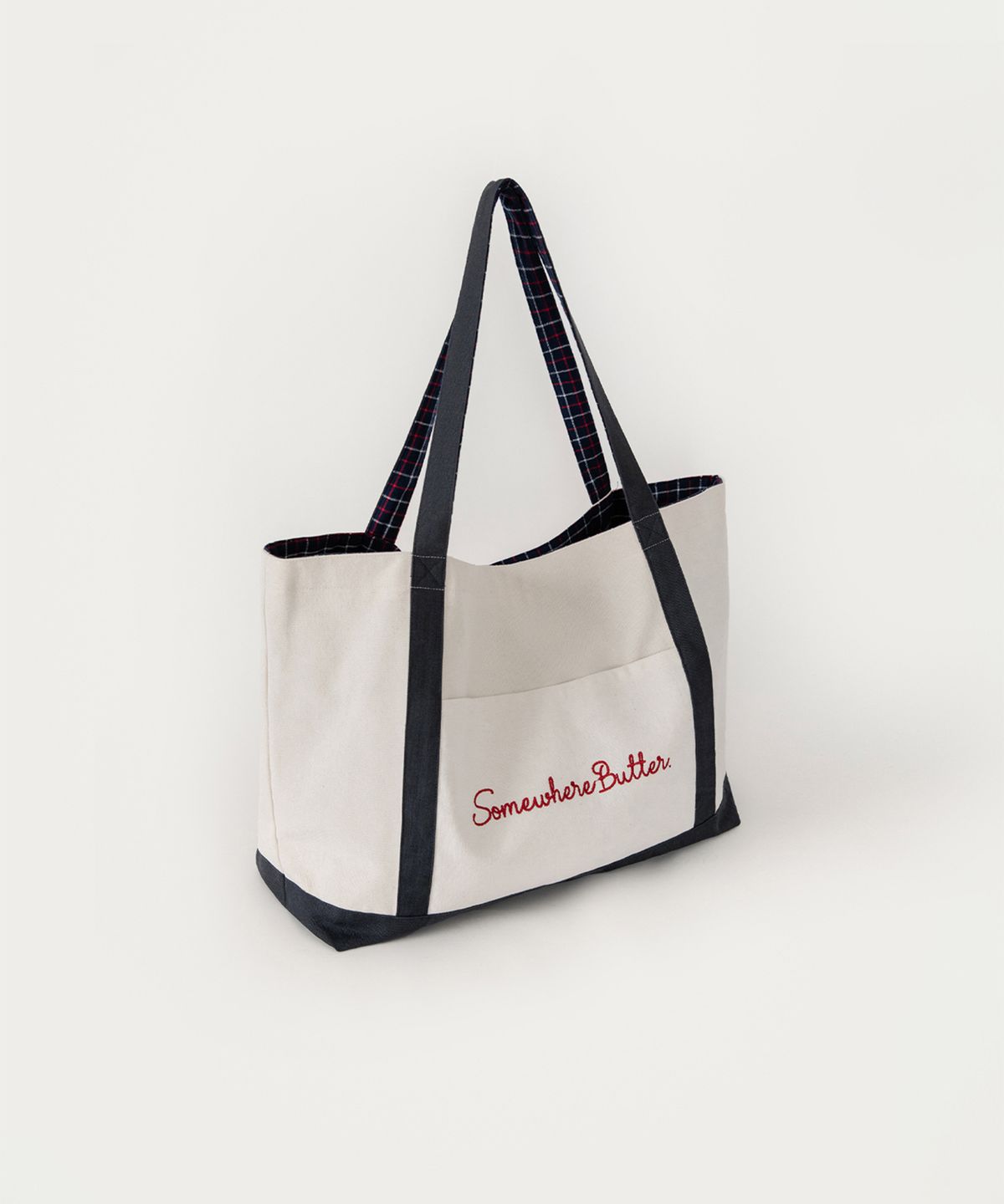 썸웨어버터(SOMEWHEREBUTTER) Check Letter Reversible Bag - Ivory(Navy)