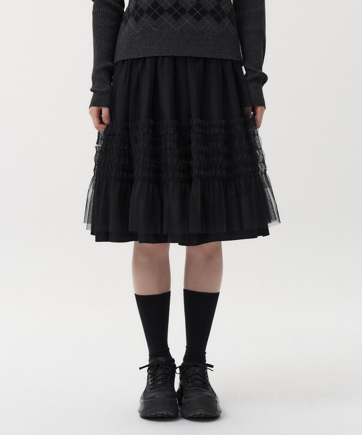 오헤시오(OHESHIO) LAYERED SHEER FRILL SKIRT, BLACK