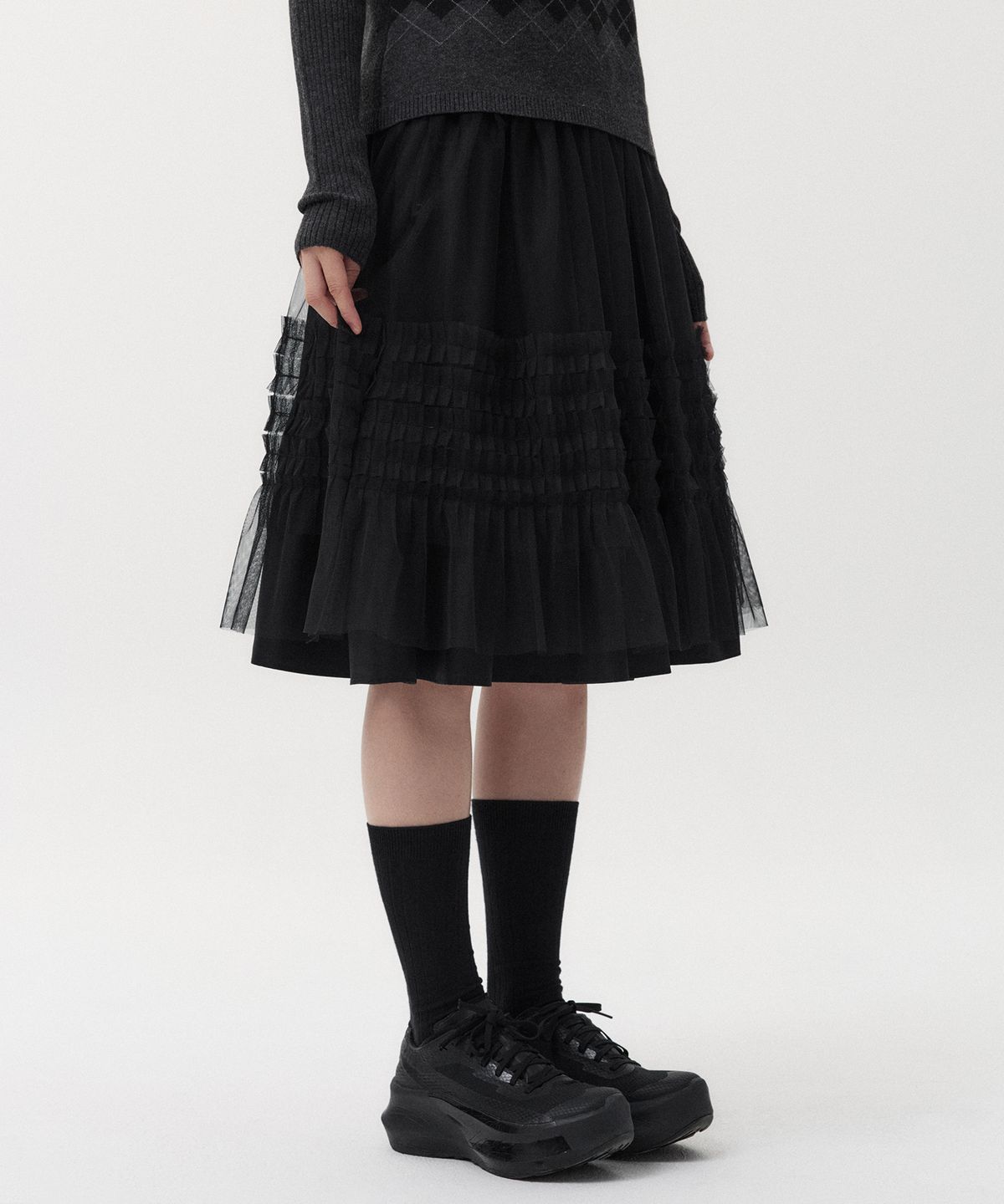 오헤시오(OHESHIO) LAYERED SHEER FRILL SKIRT, BLACK