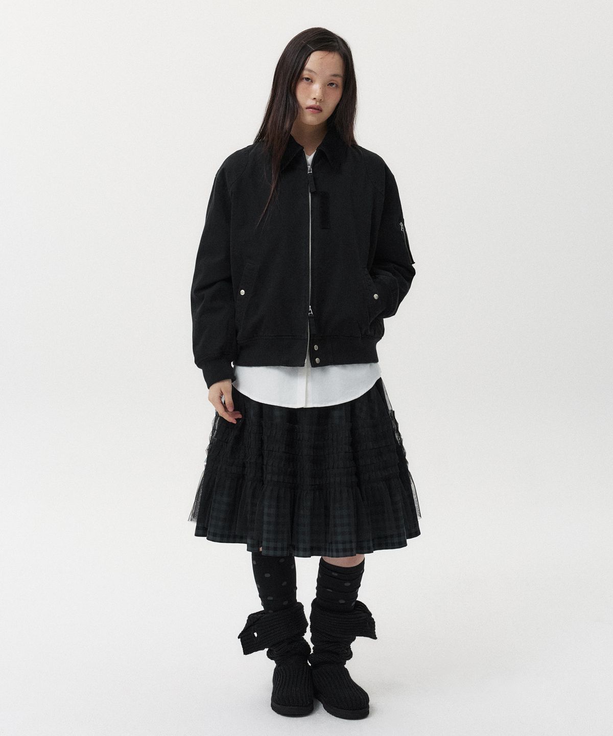 오헤시오(OHESHIO) LAYERED SHEER FRILL SKIRT, KHAKI CHECK