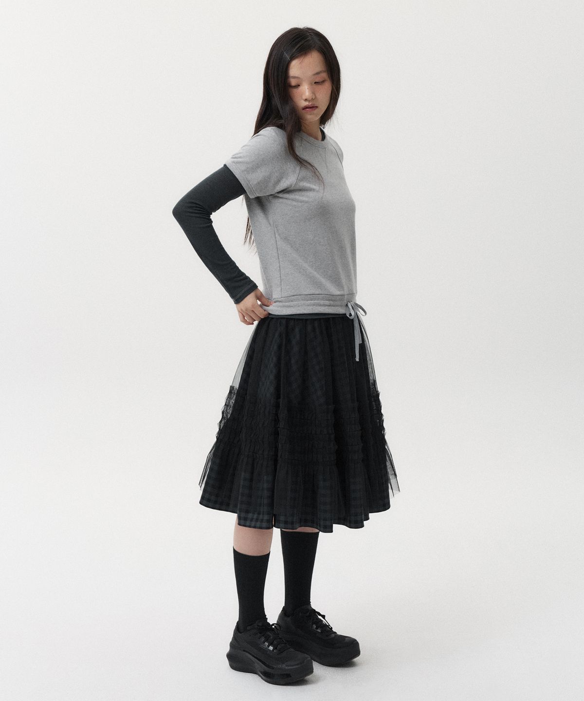 오헤시오(OHESHIO) LAYERED SHEER FRILL SKIRT, KHAKI CHECK