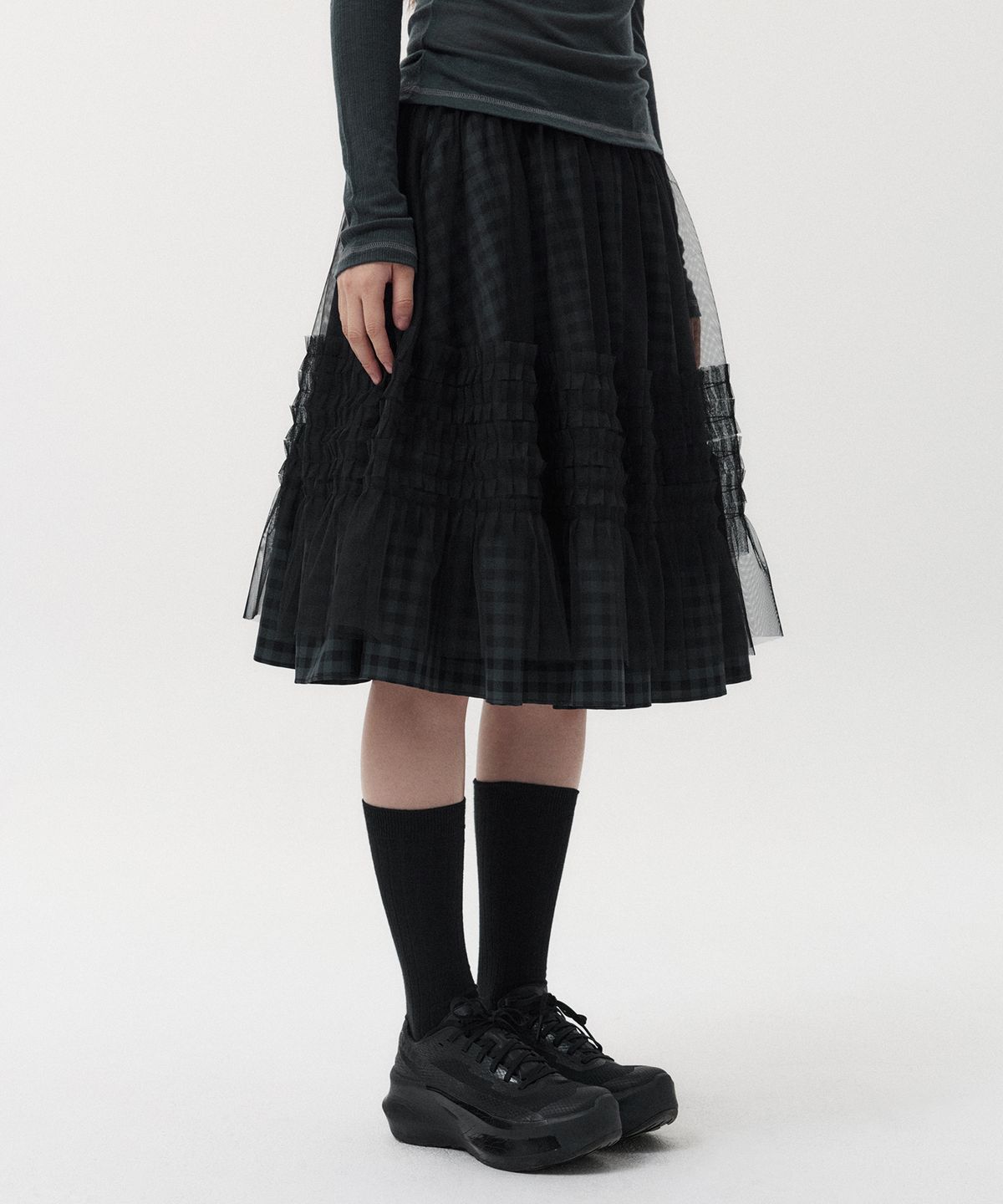 오헤시오(OHESHIO) LAYERED SHEER FRILL SKIRT, KHAKI CHECK