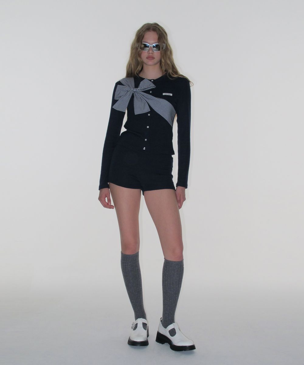 MUSINSA公式 | CRANK Ribbon Tide Knit Cardigan_Navy