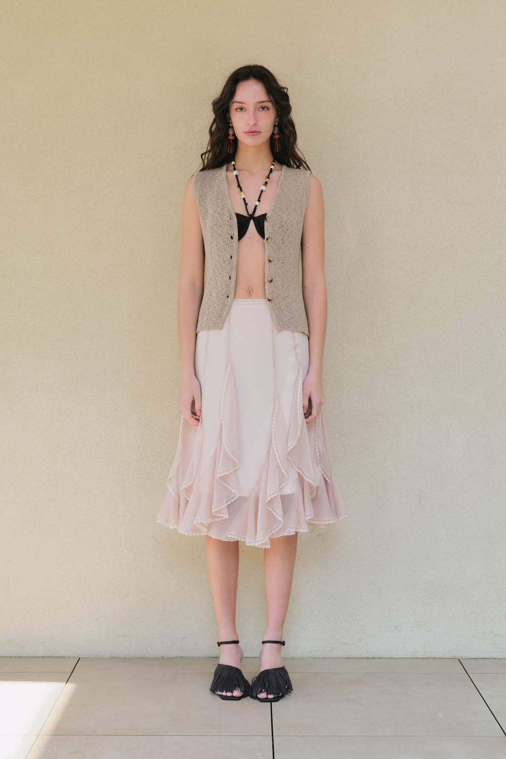 スカート KUME FRILL CHIFFON MIDI SKIRT MUSINSA公式 | KUMÉ Frill Chiffon Midi Skirt, Peach