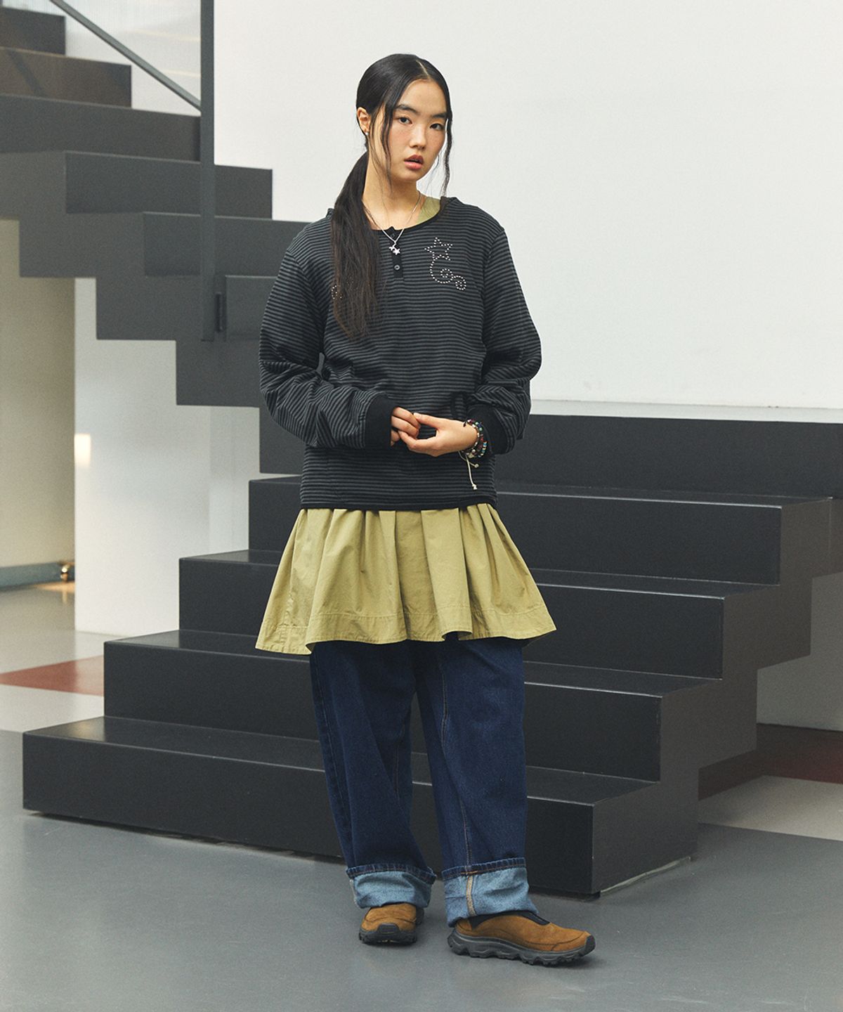 카비시(CAVISH) W STUD STRIPED HOODIE BLACK(CV2FFFM403A)
