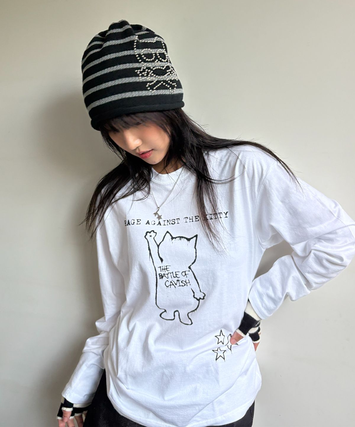 카비시(CAVISH) SKULL CAT STRIPED BEANIE BLACK(CV2FFUAB32A)