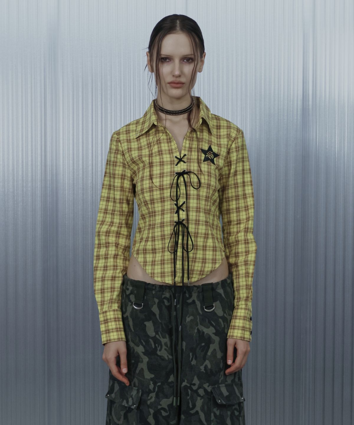 셋업이엑스이(SETUP-EXE) CHECK RACE-UP SHIRT / YELLOW