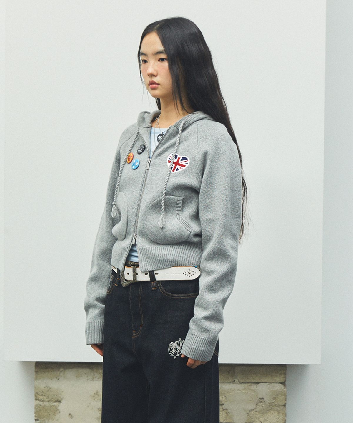 카비시(CAVISH) W UNION JACK KNIT ZIP UP HOODIE GREY(CV2FFFK681A)