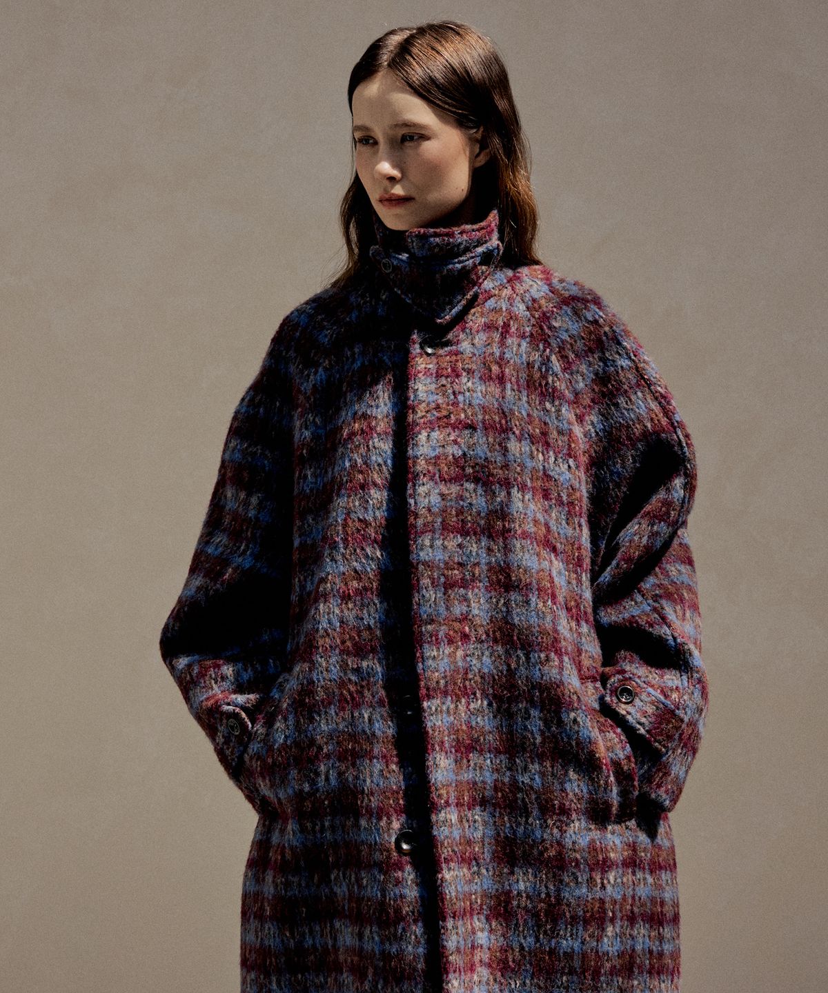 아흐레(AHRE) Dros Wool Check Belted Balmacaan Coat_PURPLE