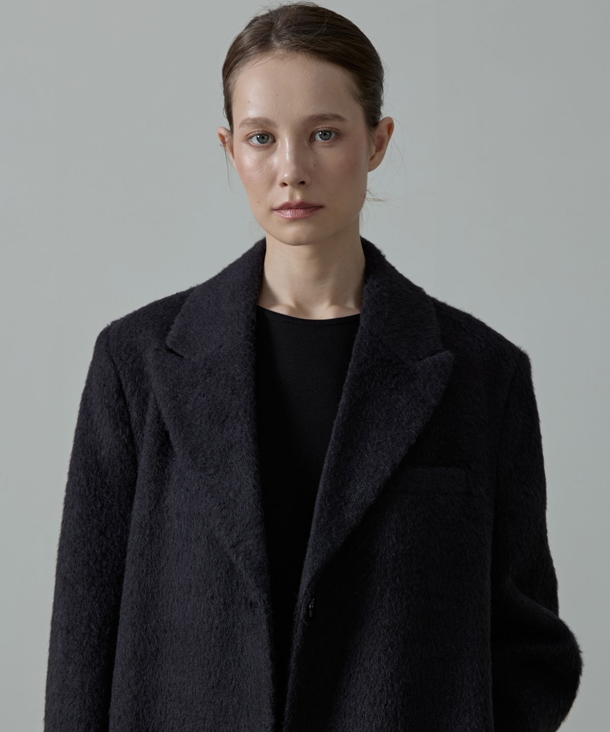 아흐레(AHRE) COVE Wool Hairy Tailored Single Coat_BLACK