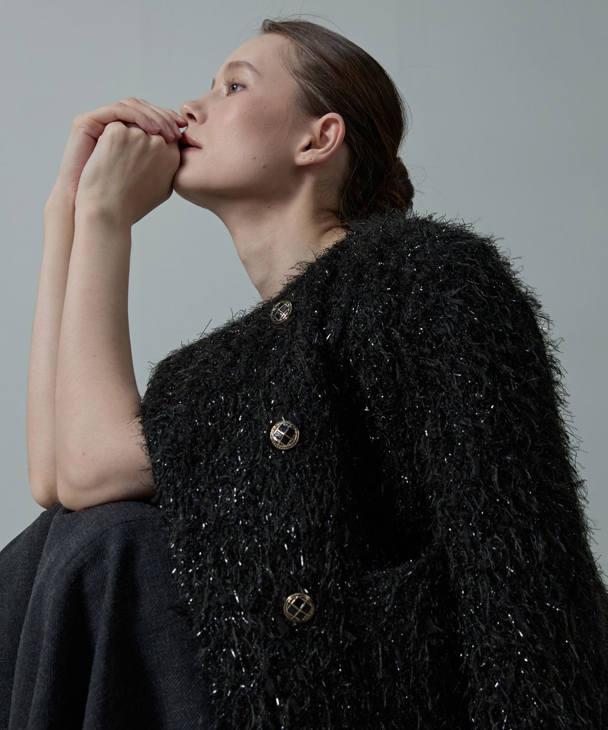 아흐레(AHRE) Glitter Wool Metallic Pearl Tweed Button Jacket_KHAKI