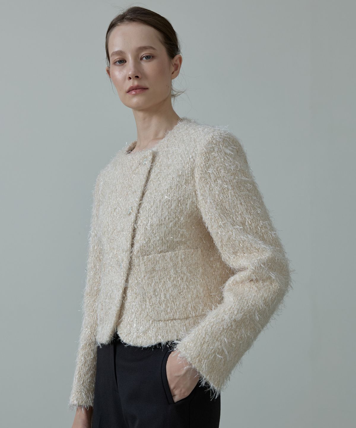 아흐레(AHRE) Glitter Wool Metallic Pearl Tweed Button Jacket_CREAM