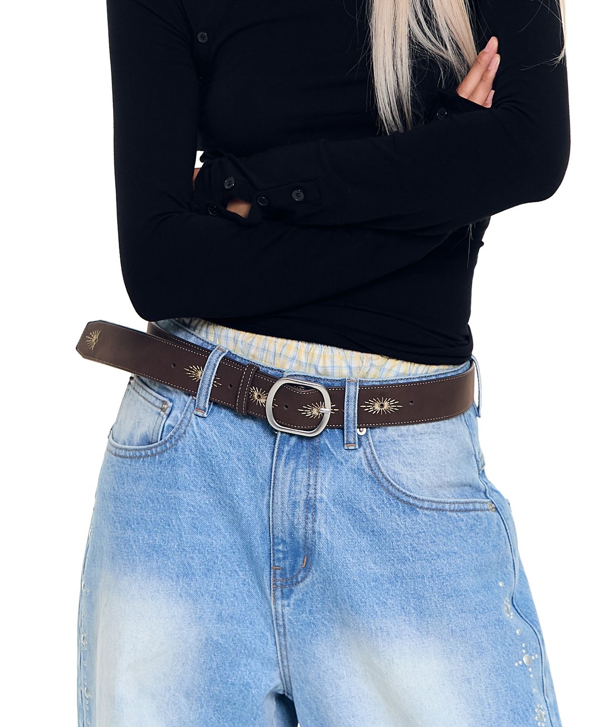 아캄(AAKAM) Needlework Studded Belt (Brown)
