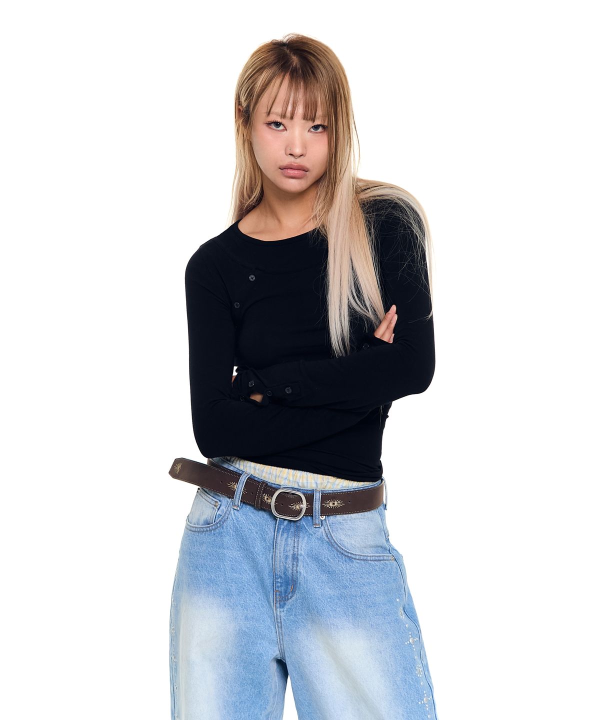 아캄(AAKAM) Needlework Studded Belt (Brown)