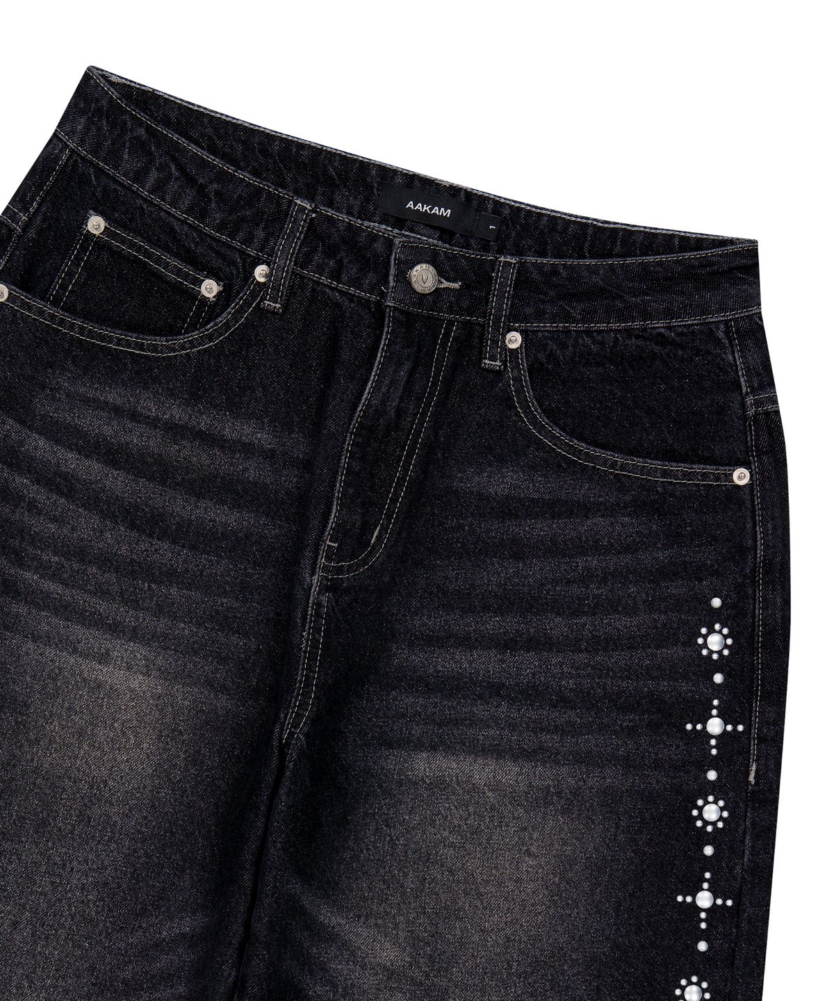 아캄(AAKAM) Side Rhinestone Denim Pants (Black)