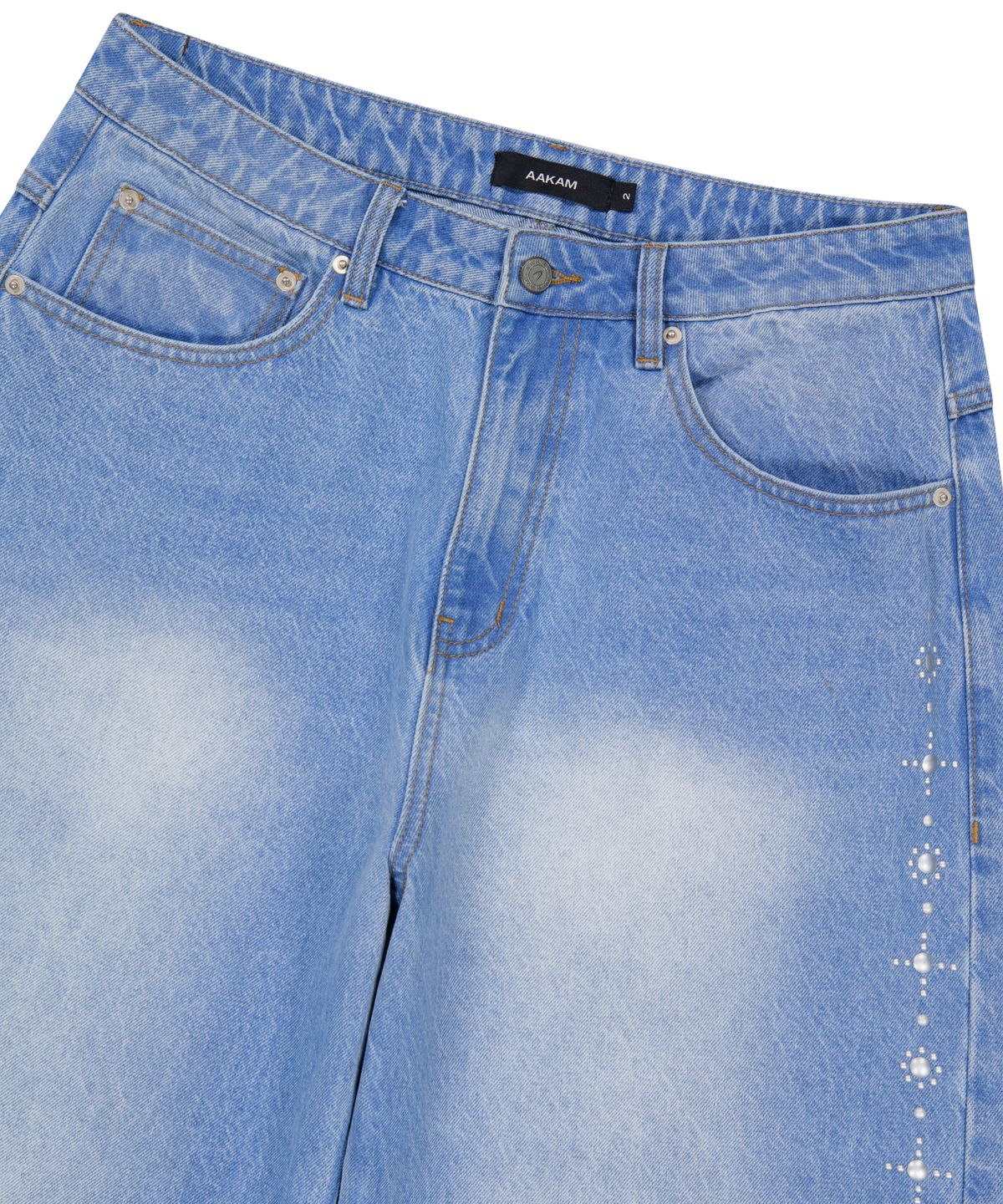 아캄(AAKAM) Side Rhinestone Denim Pants (Blue)