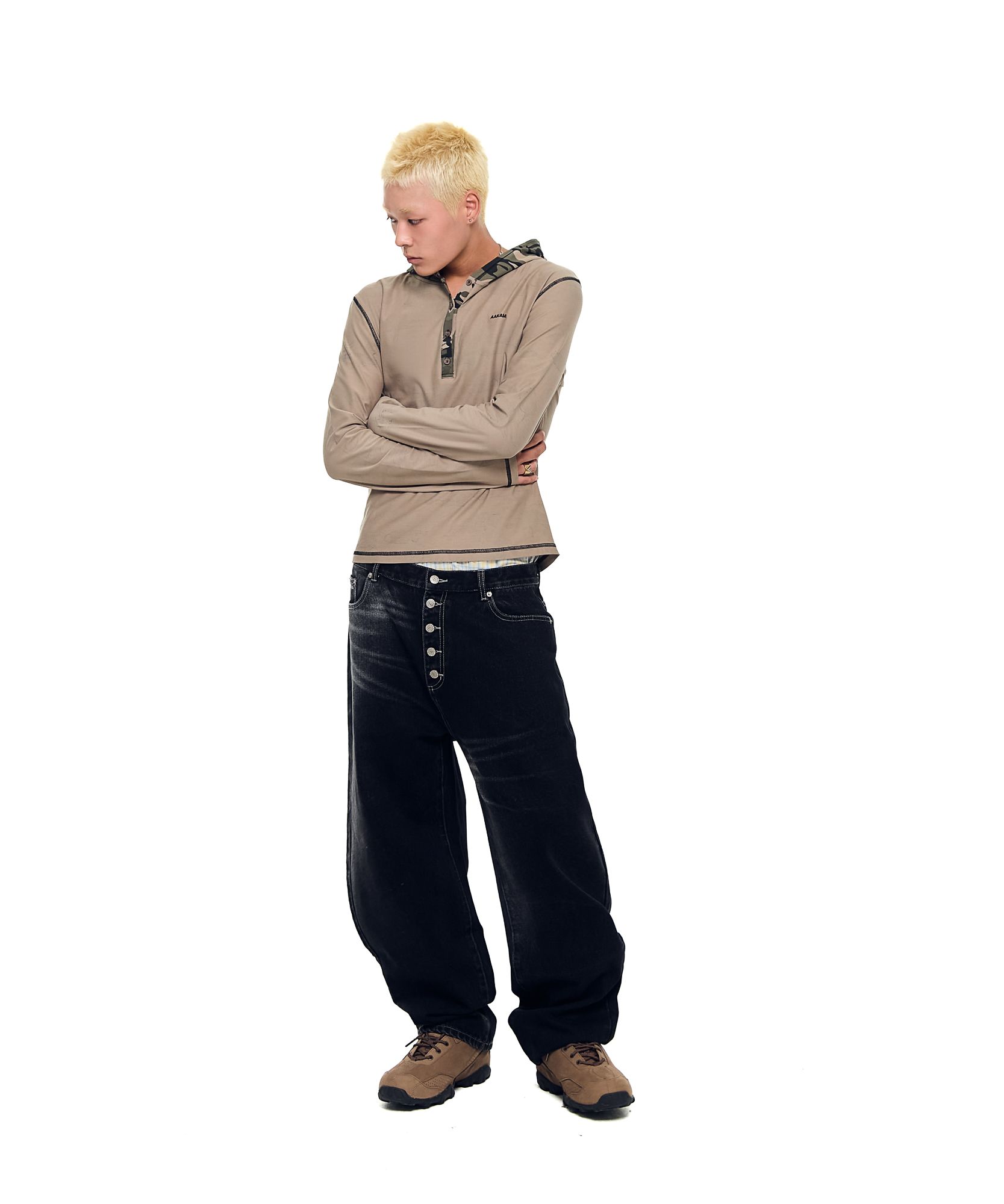 MUSINSA | AAKAM Side Washed Button Denim Pants (Black)