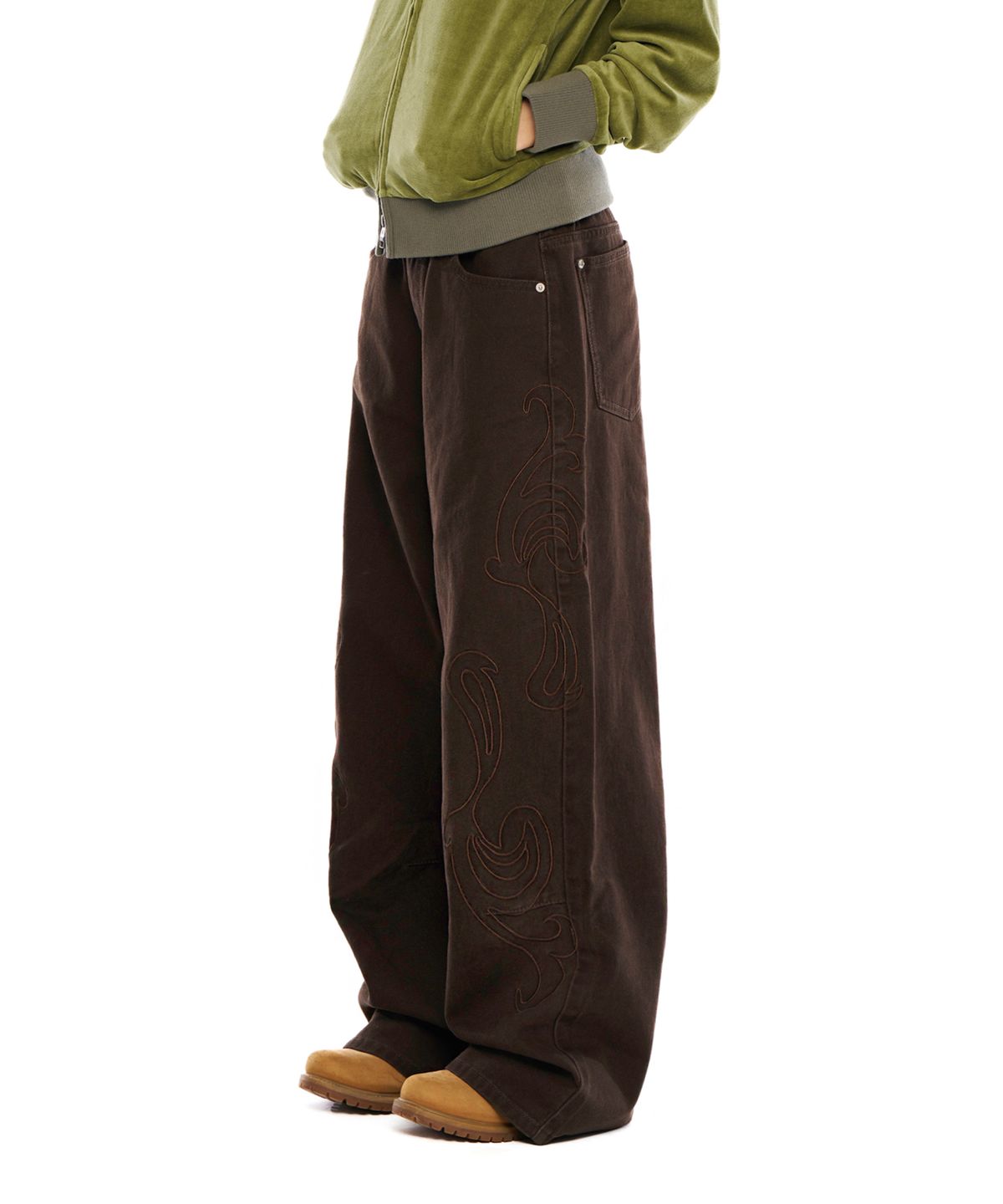 아캄(AAKAM) Needlework Wave Cotton Pants (Brown)