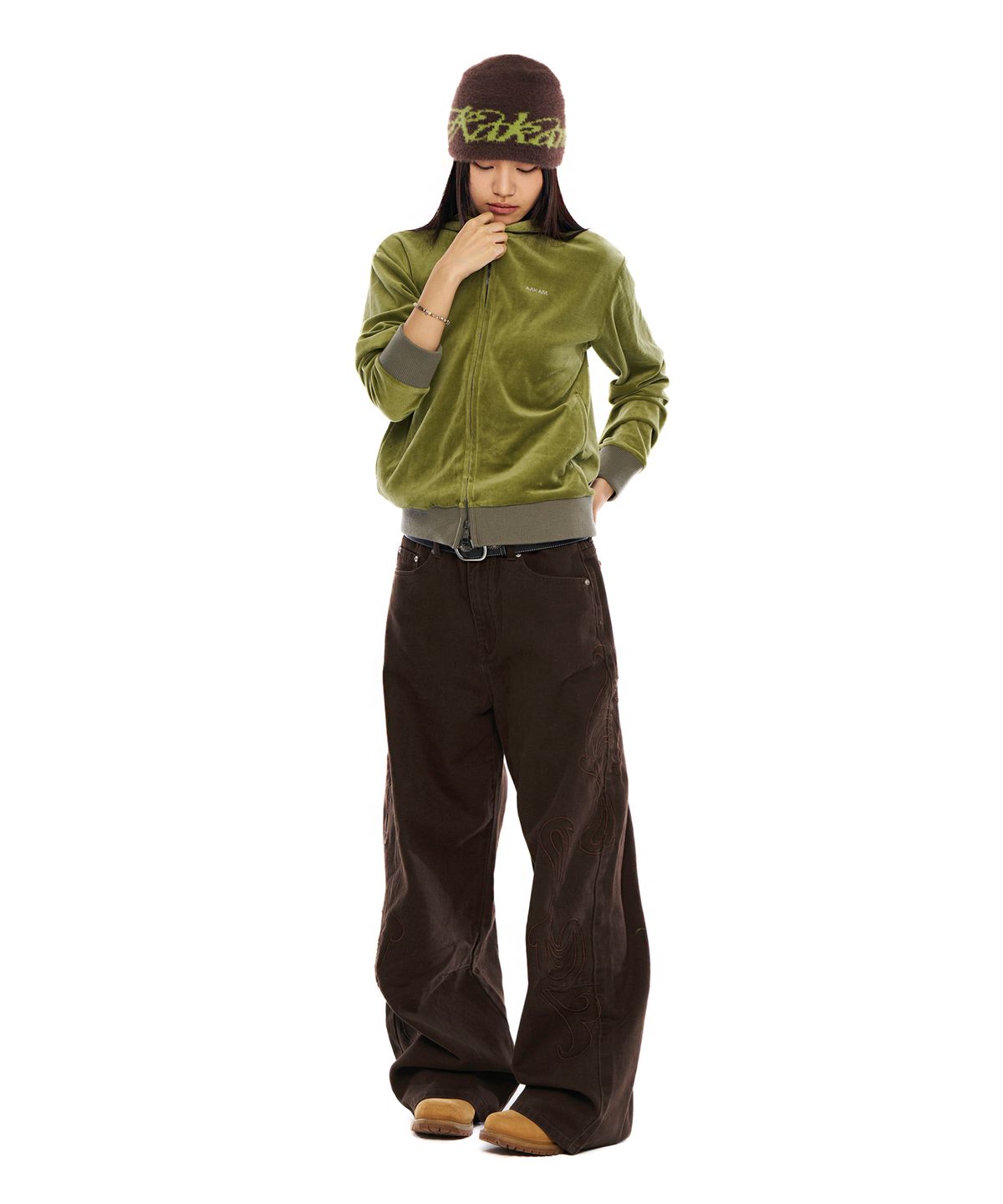 아캄(AAKAM) Needlework Wave Cotton Pants (Brown)