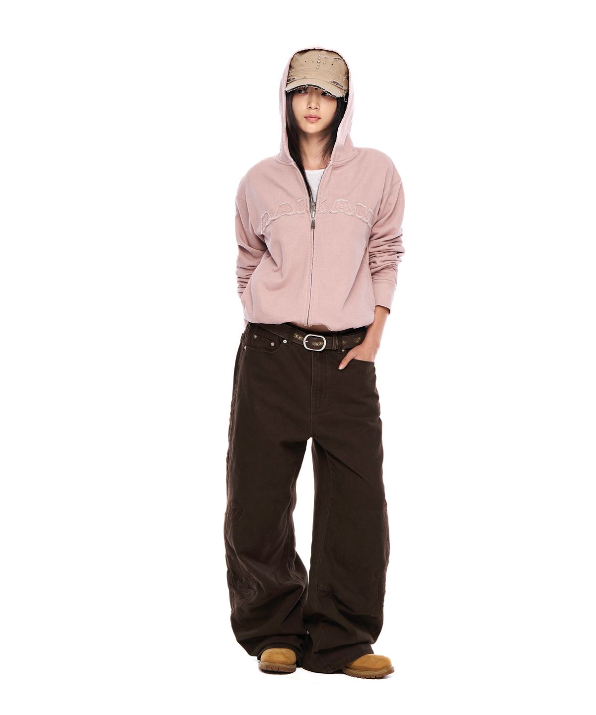 아캄(AAKAM) Needlework Wave Cotton Pants (Brown)