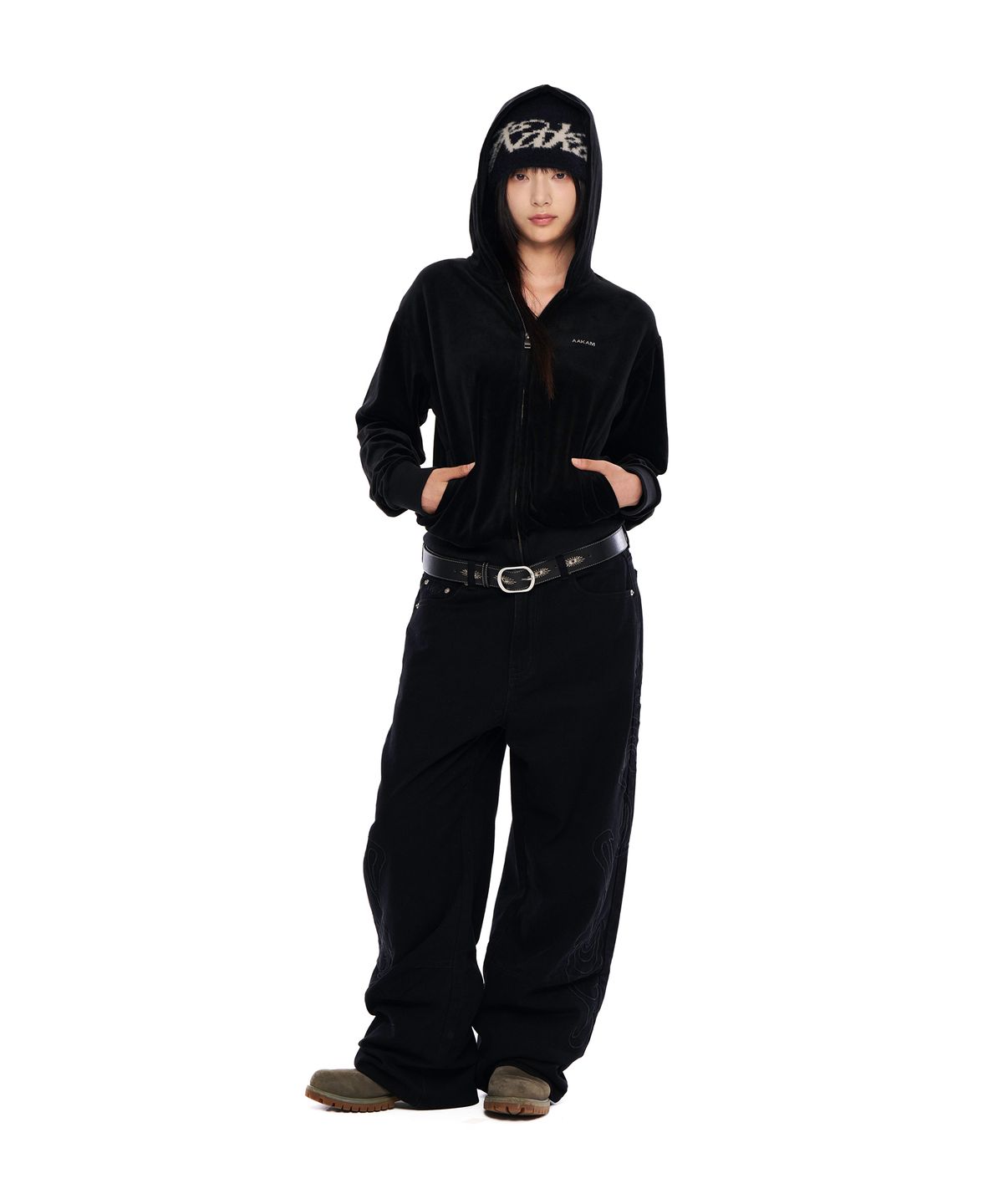 아캄(AAKAM) Needlework Wave Cotton Pants (Black)