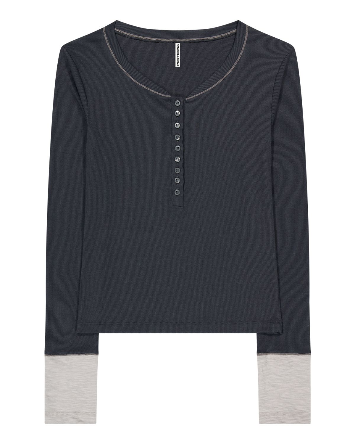 포르테나(PORTERNA) MIX POINT LONG SLEEVE BUTTON T-SHIRT-CHARCOAL