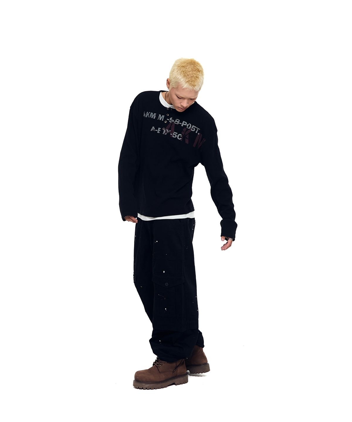 아캄(AAKAM) Waffle Henry Neck Long Sleeve (Black)