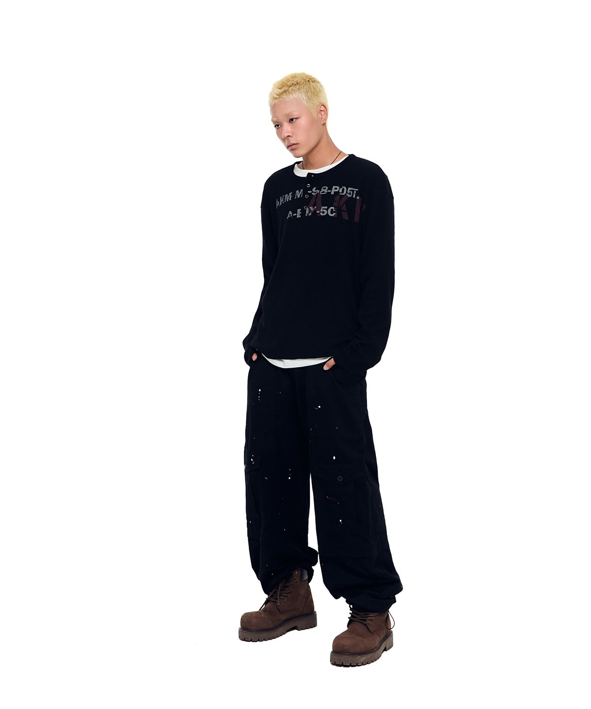 아캄(AAKAM) Waffle Henry Neck Long Sleeve (Black)
