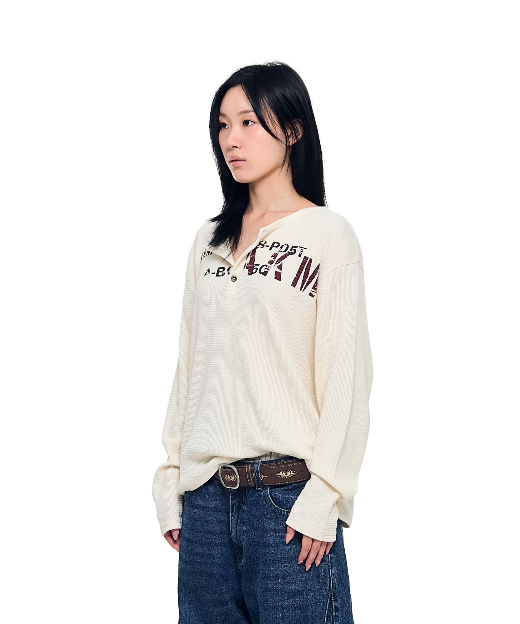 MUSINSA | AAKAM Waffle Henry Neck Long Sleeve (Ivory)