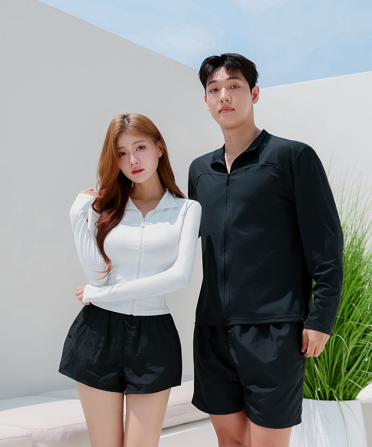 크라시앙(CRASSIANG) 컷라인 슬림핏 커플 집업 래쉬가드 상의+하의 세트