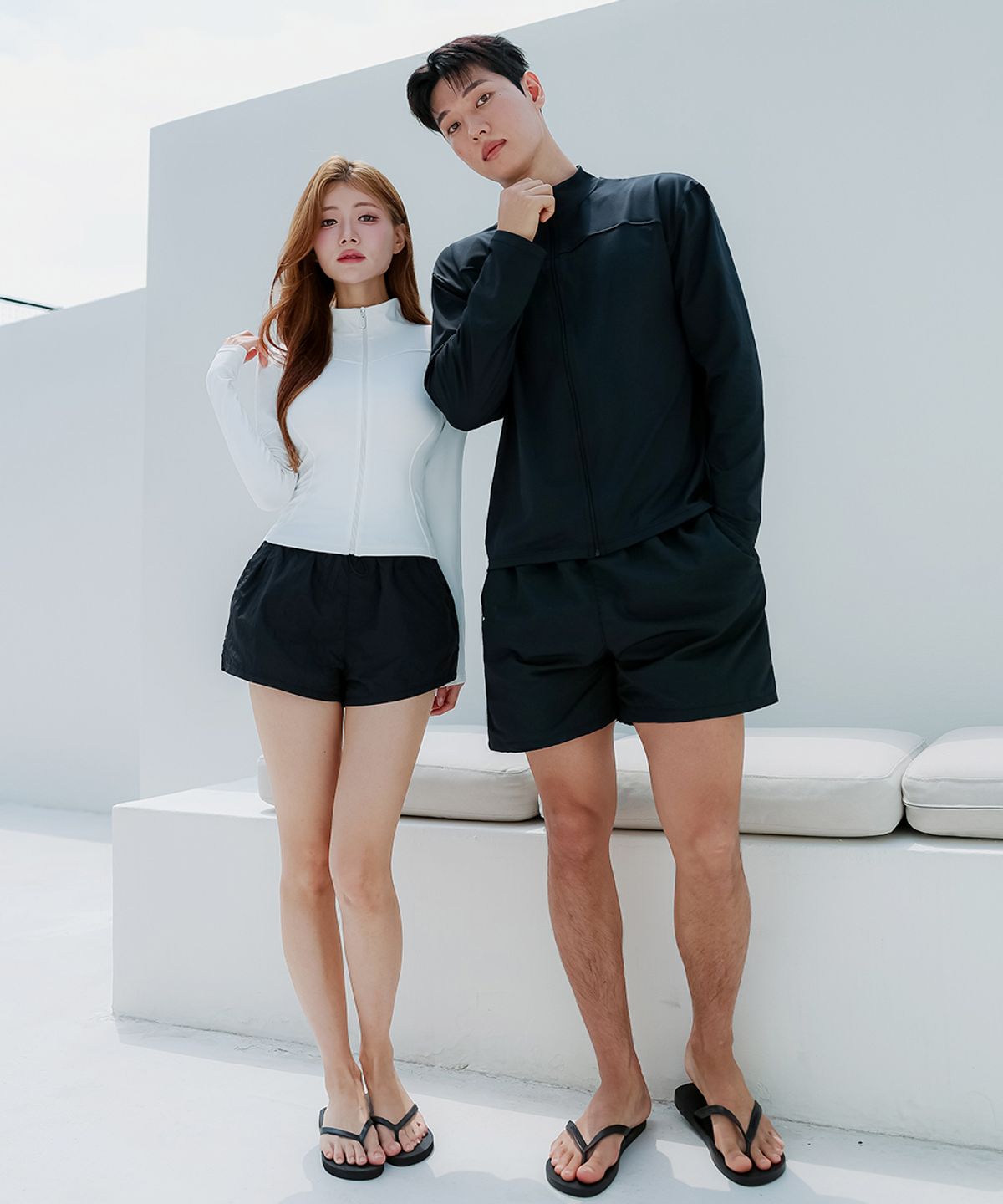 크라시앙(CRASSIANG) 컷라인 슬림핏 커플 집업 래쉬가드 상의+하의 세트