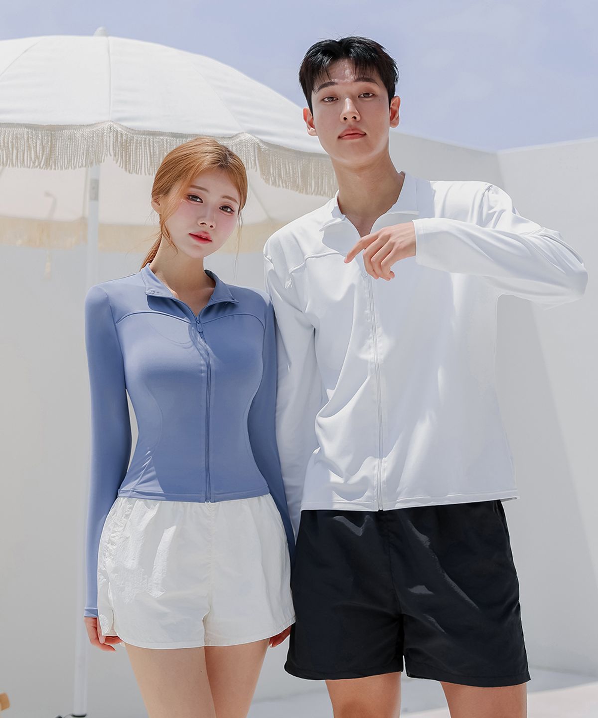 크라시앙(CRASSIANG) 컷라인 슬림핏 커플 집업 래쉬가드 상의+하의 세트