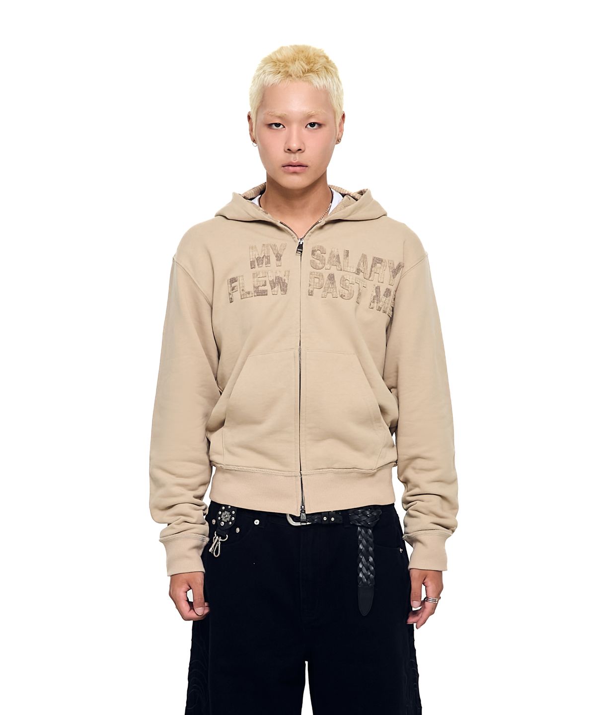 아캄(AAKAM) Contrast Patch Zip-Up Hoodie (Beige)