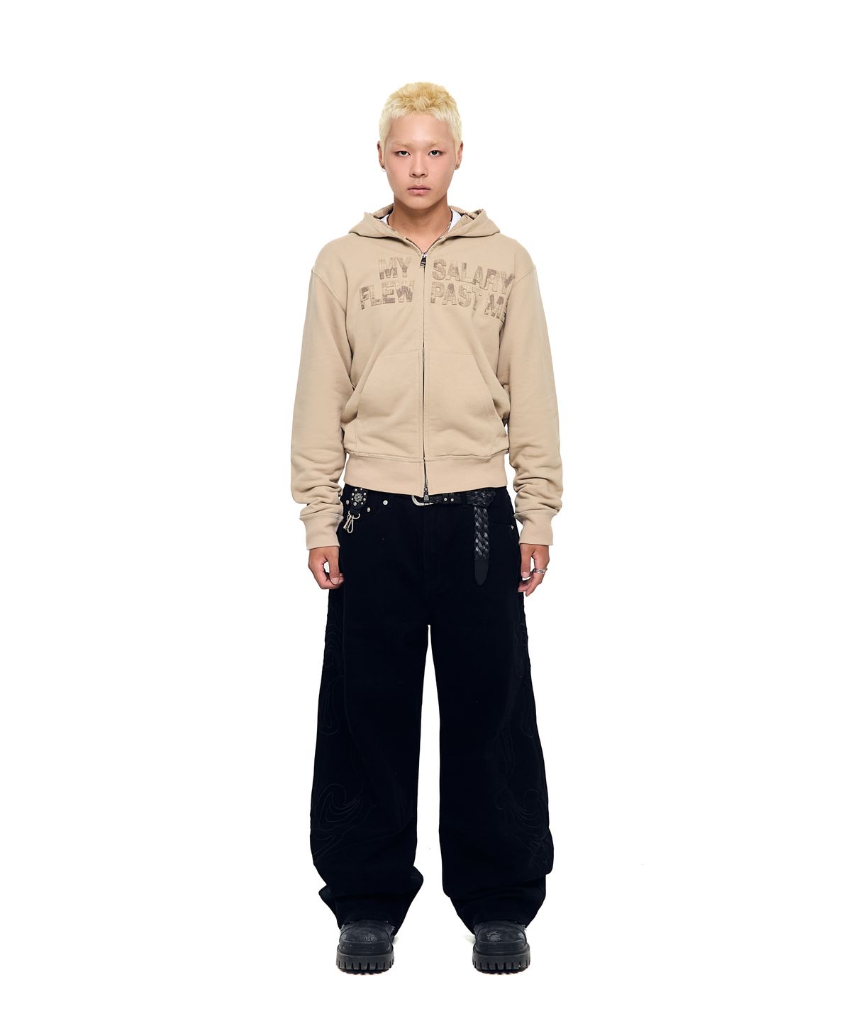 아캄(AAKAM) Contrast Patch Zip-Up Hoodie (Beige)