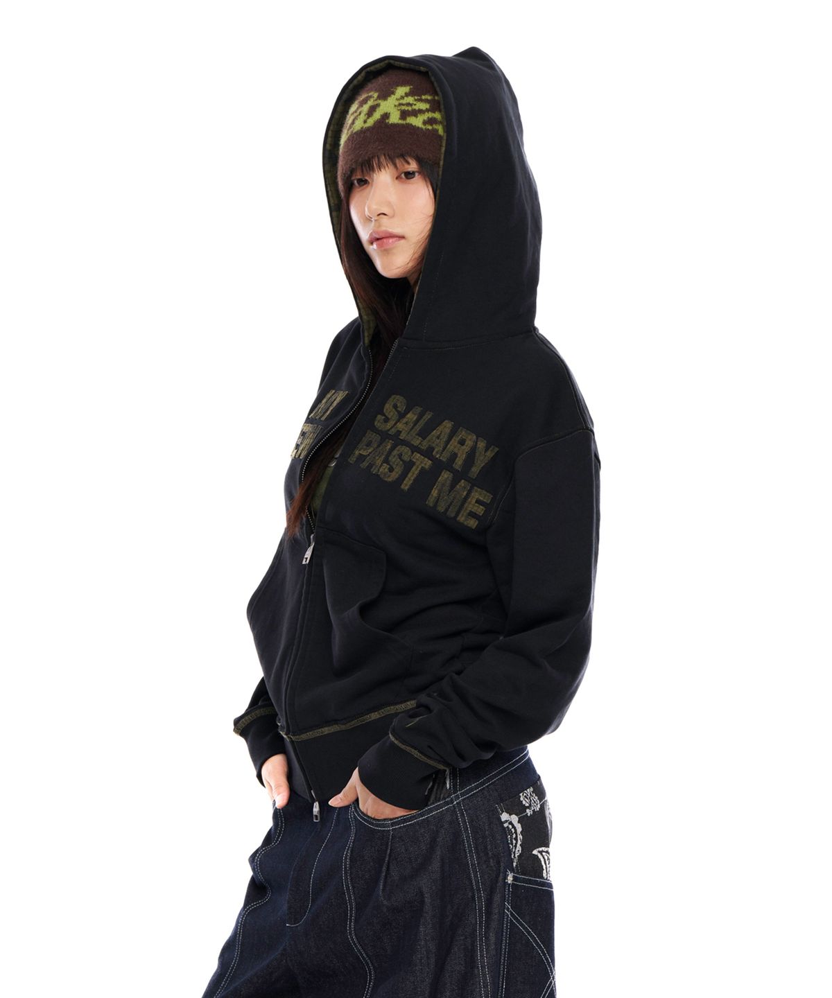 아캄(AAKAM) Contrast Patch Zip-Up Hoodie (Black)
