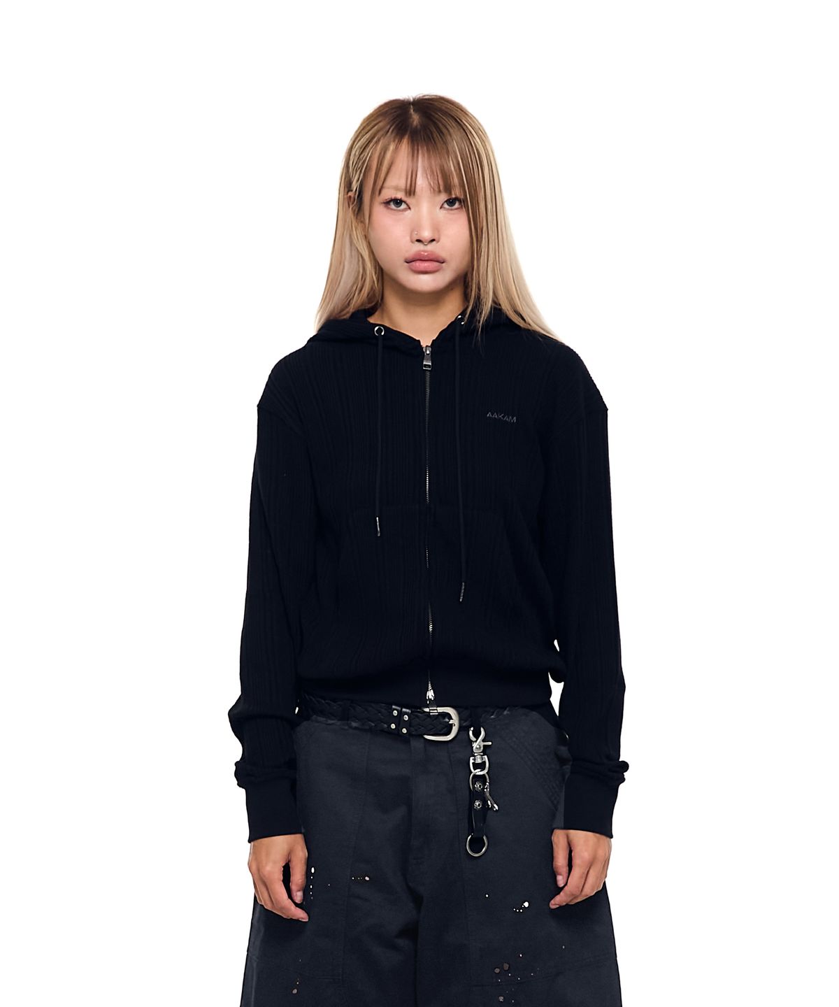 아캄(AAKAM) Knitted Zip-Up Hoodie (Black)