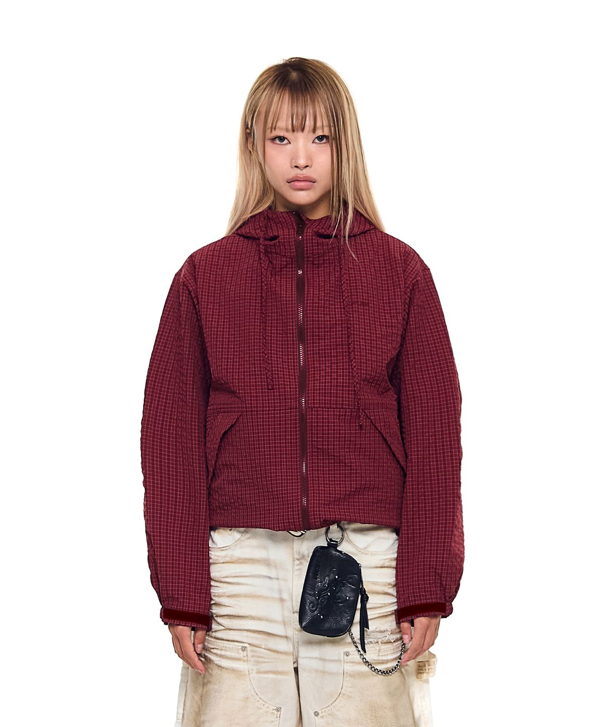 아캄(AAKAM) Check Pattern Hooded Jacket (Burgundy)