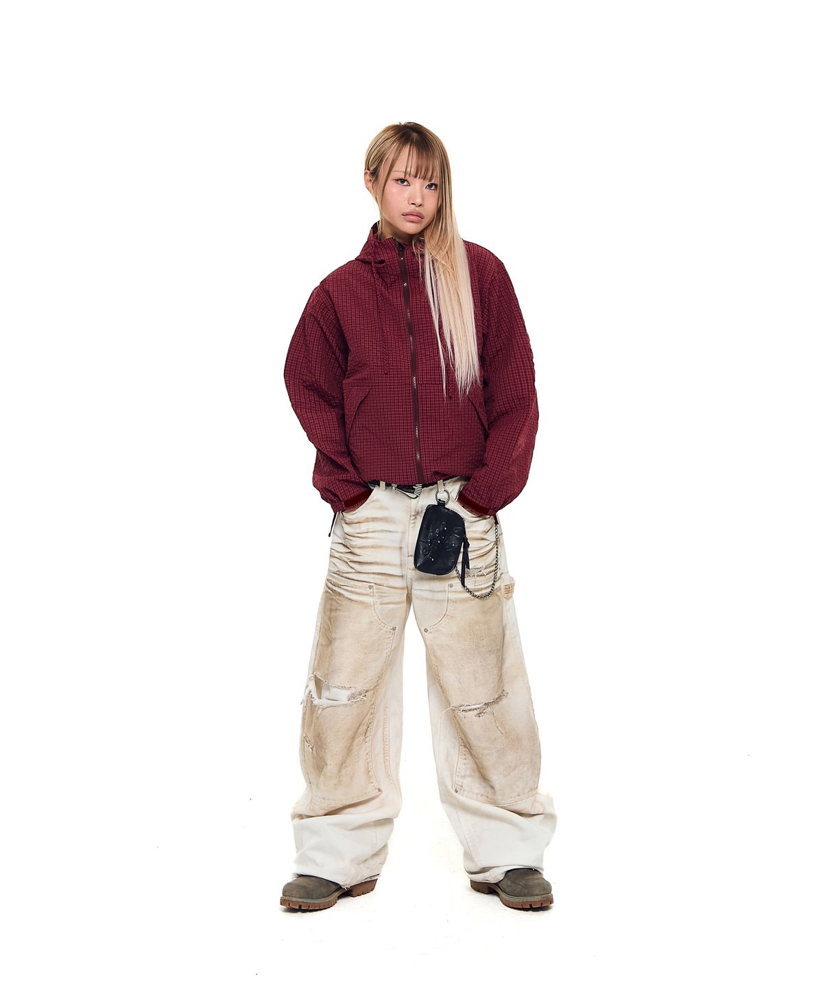 아캄(AAKAM) Check Pattern Hooded Jacket (Burgundy)