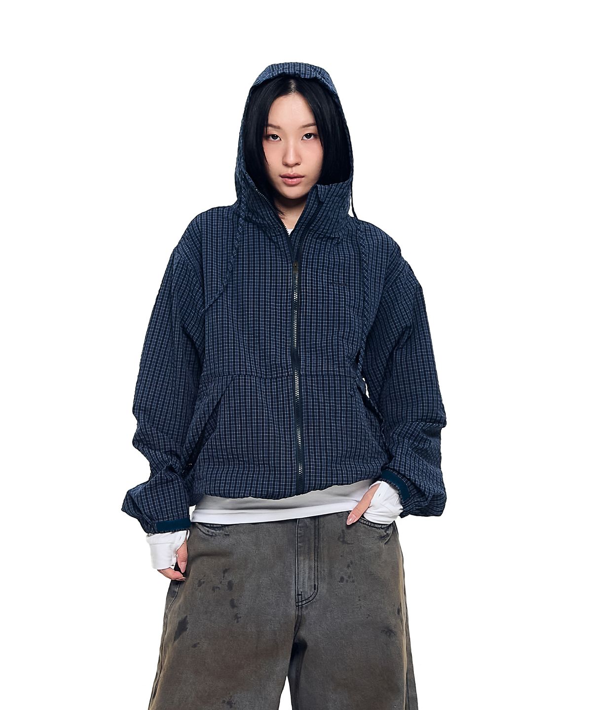 아캄(AAKAM) Check Pattern Hooded Jacket (Navy)
